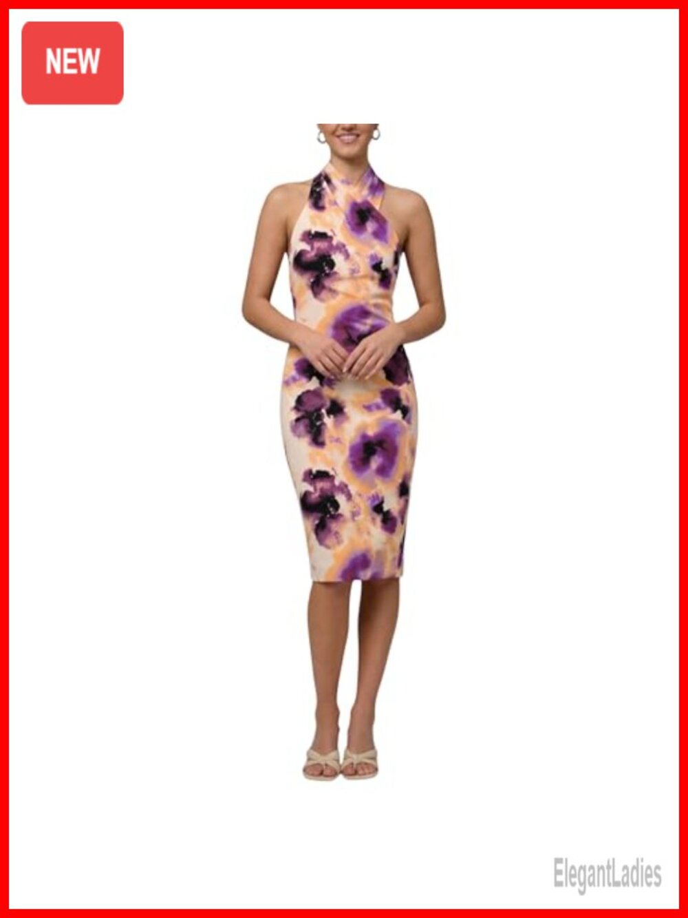 Sleeveless Crossover Halter Printed Bodycon Midi Cocktail Party Dress